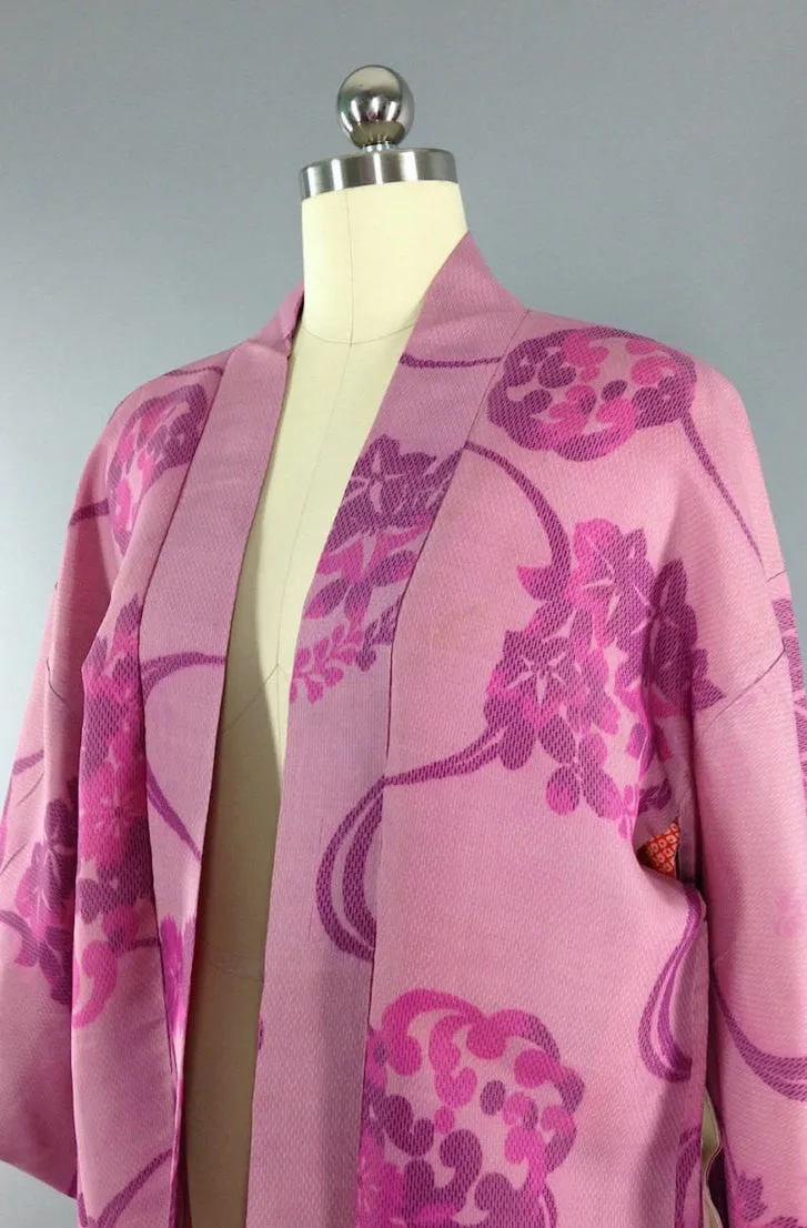 Vintage 1940s Silk Haori Kimono Cardigan / Pink Floral