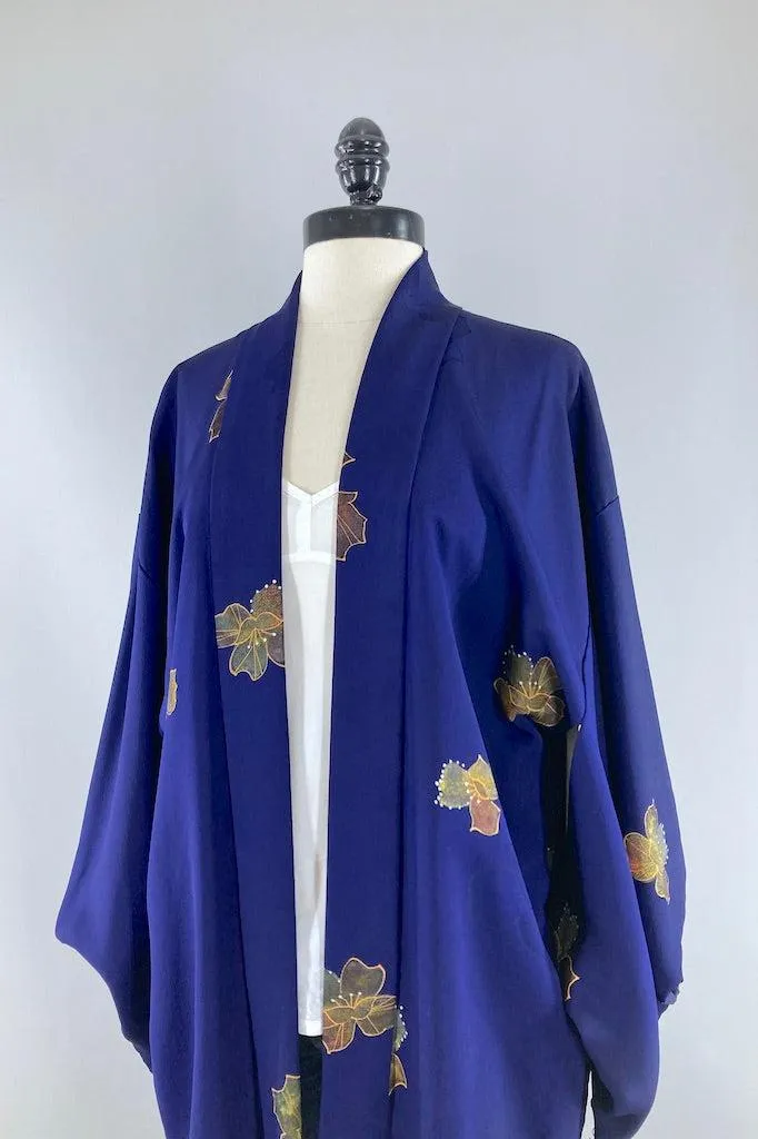 Vintage Blue Floral Silk Kimono Cardigan