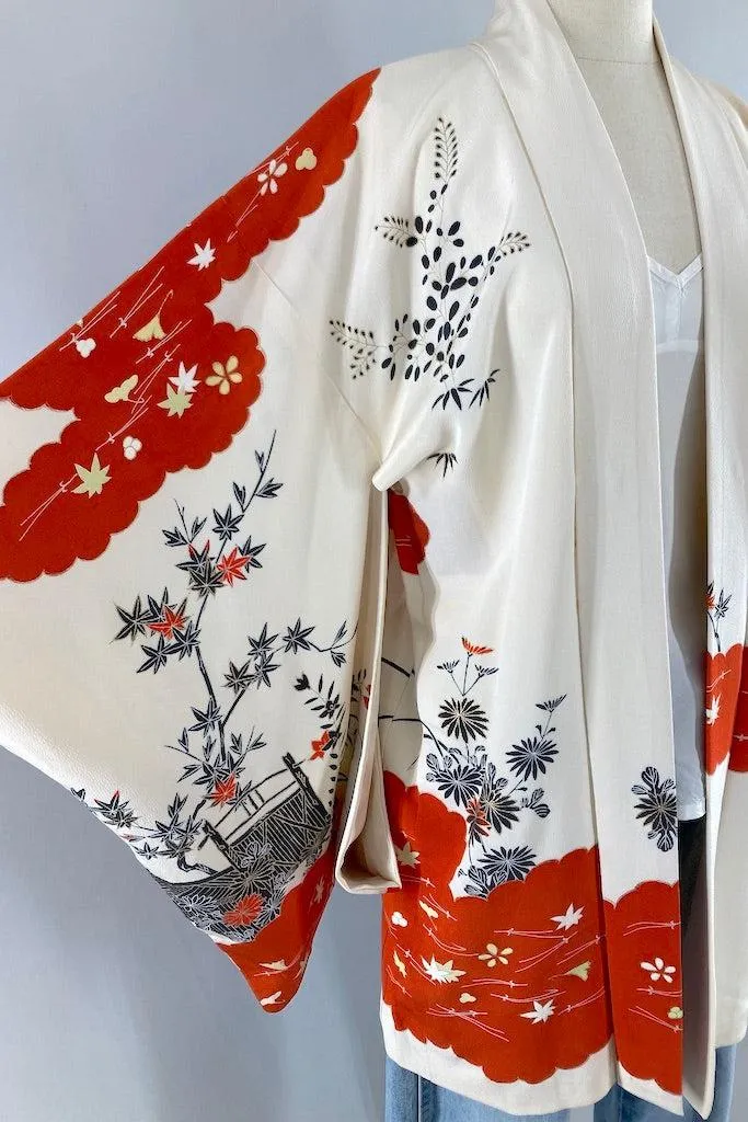 Vintage Ivory & Red Silk Kimono Cardigan