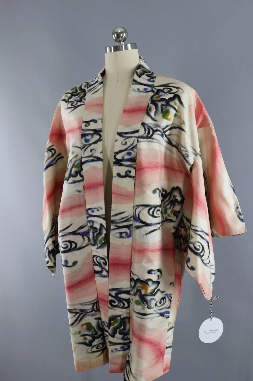 Vintage Silk Kimono Cardigan / Ikat Pink Waves