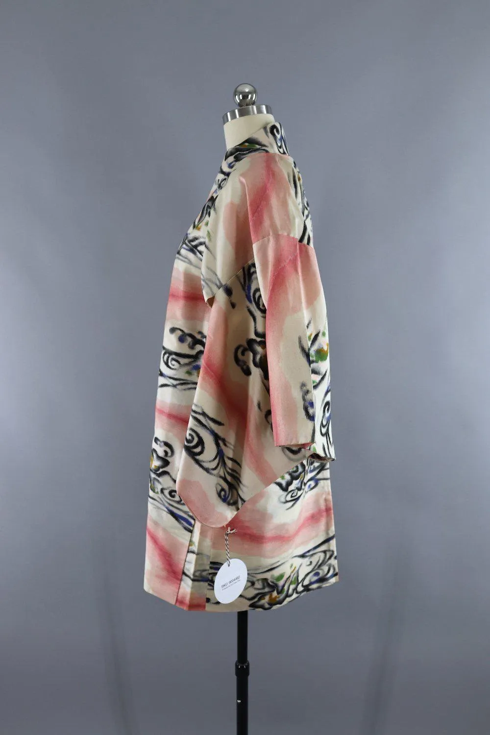 Vintage Silk Kimono Cardigan / Ikat Pink Waves