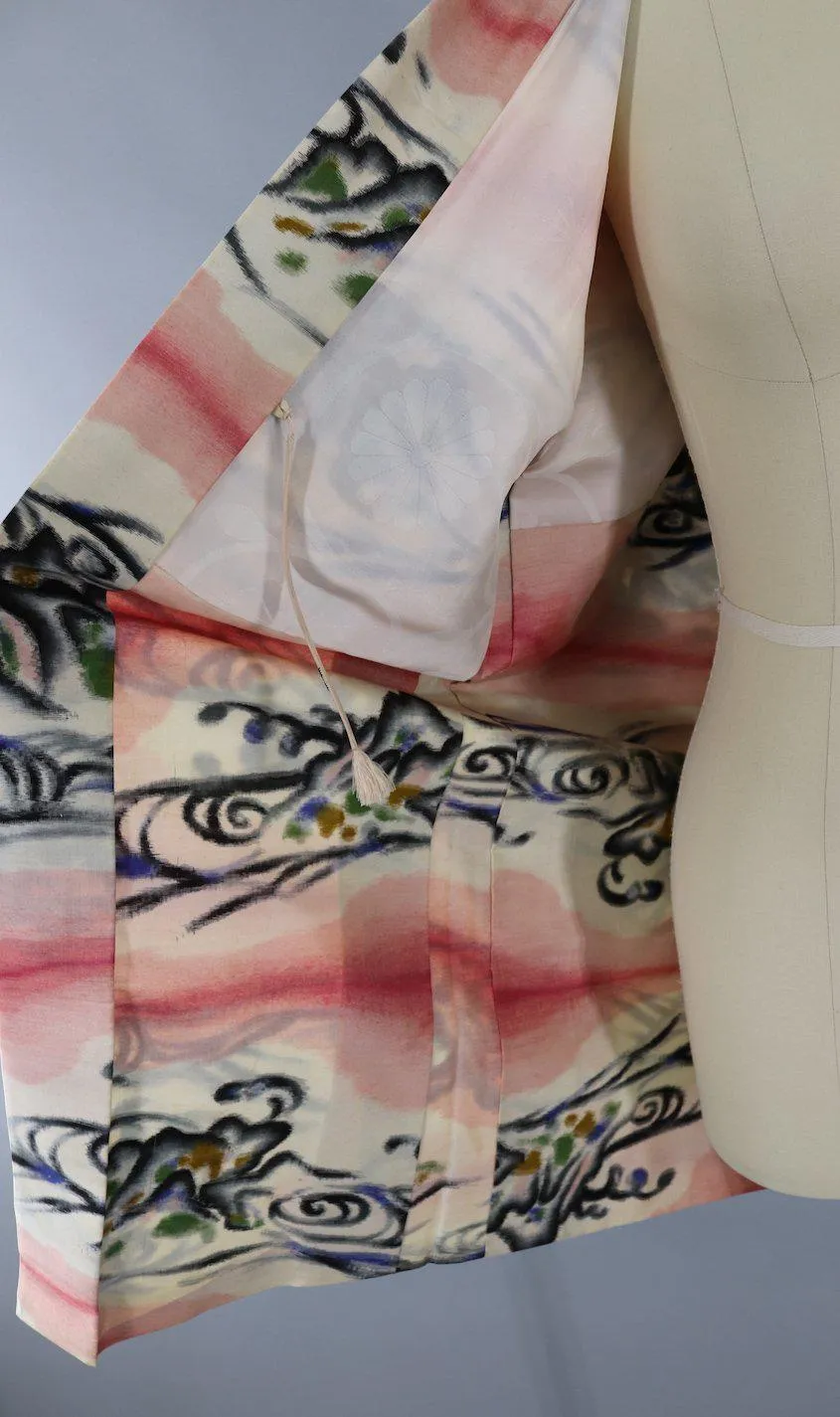 Vintage Silk Kimono Cardigan / Ikat Pink Waves