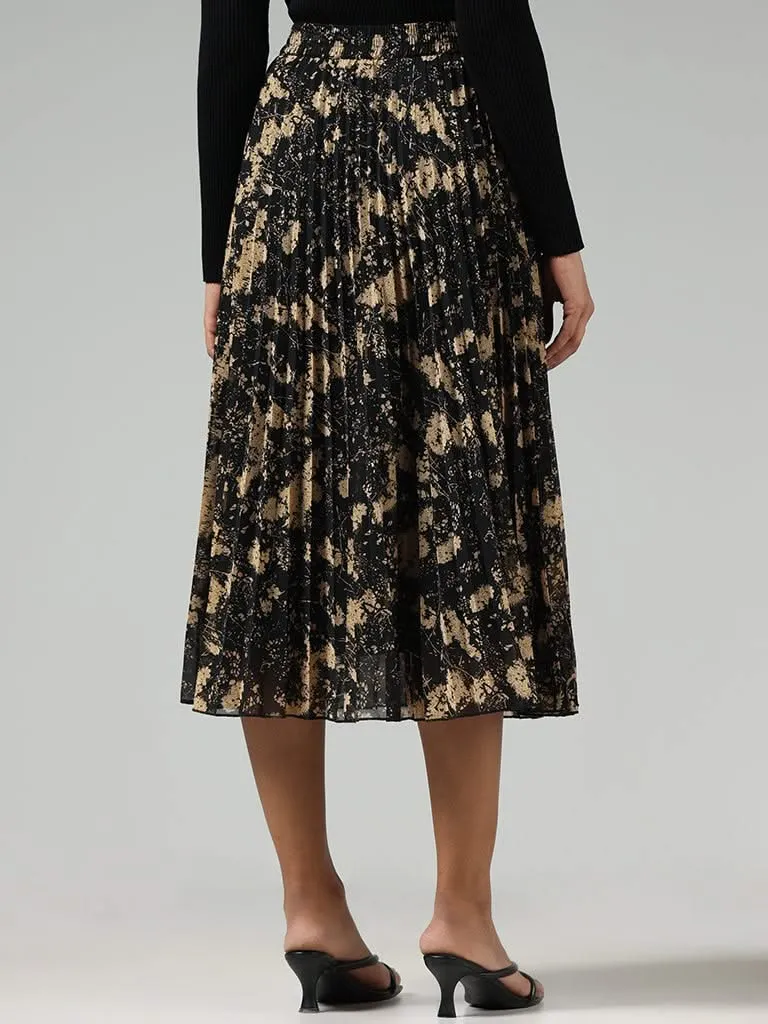 Wardrobe Black Floral Printed Pleated Midi Skirt