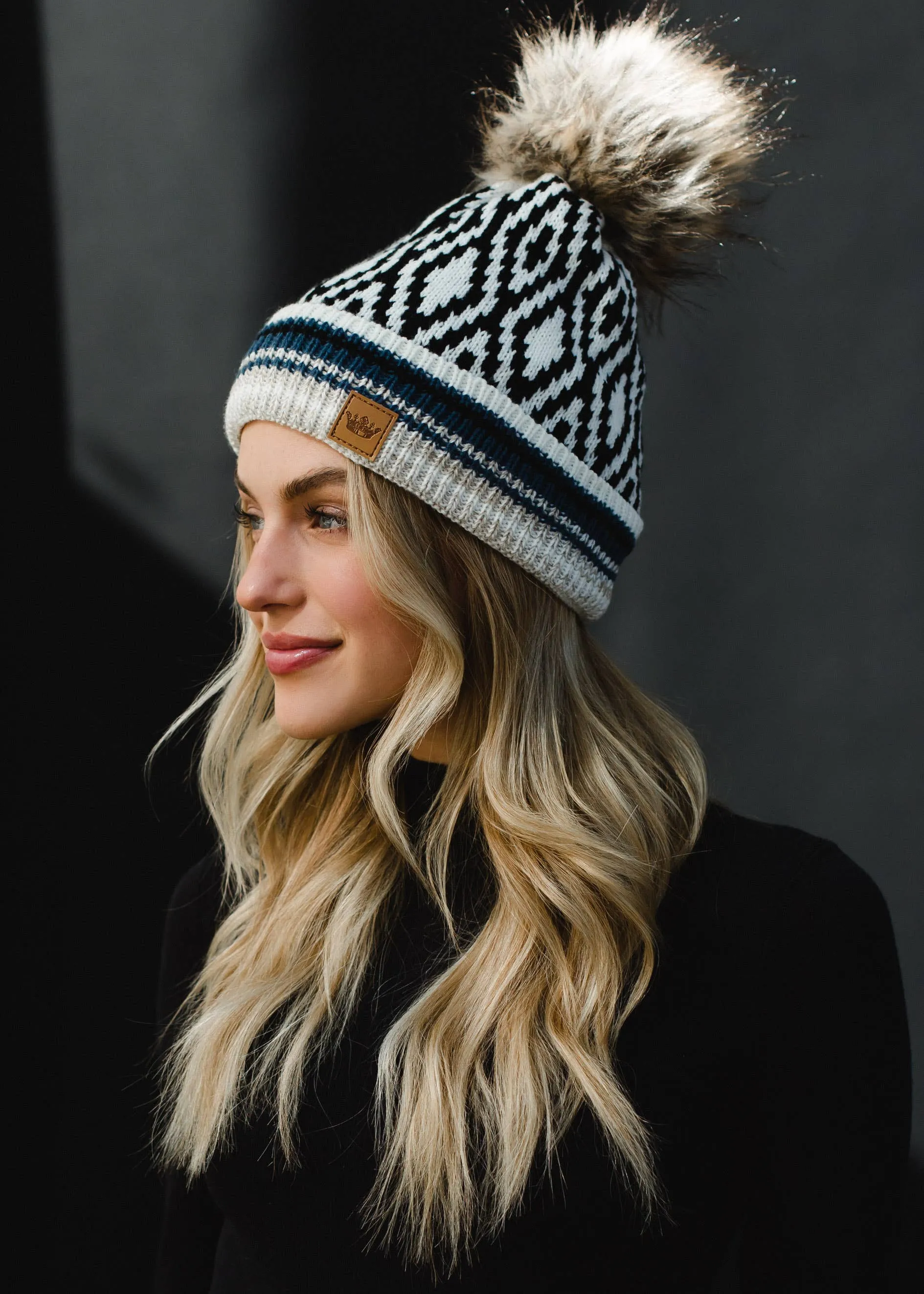 ***White, Black, Blue & Tan Patterned Pom Hat