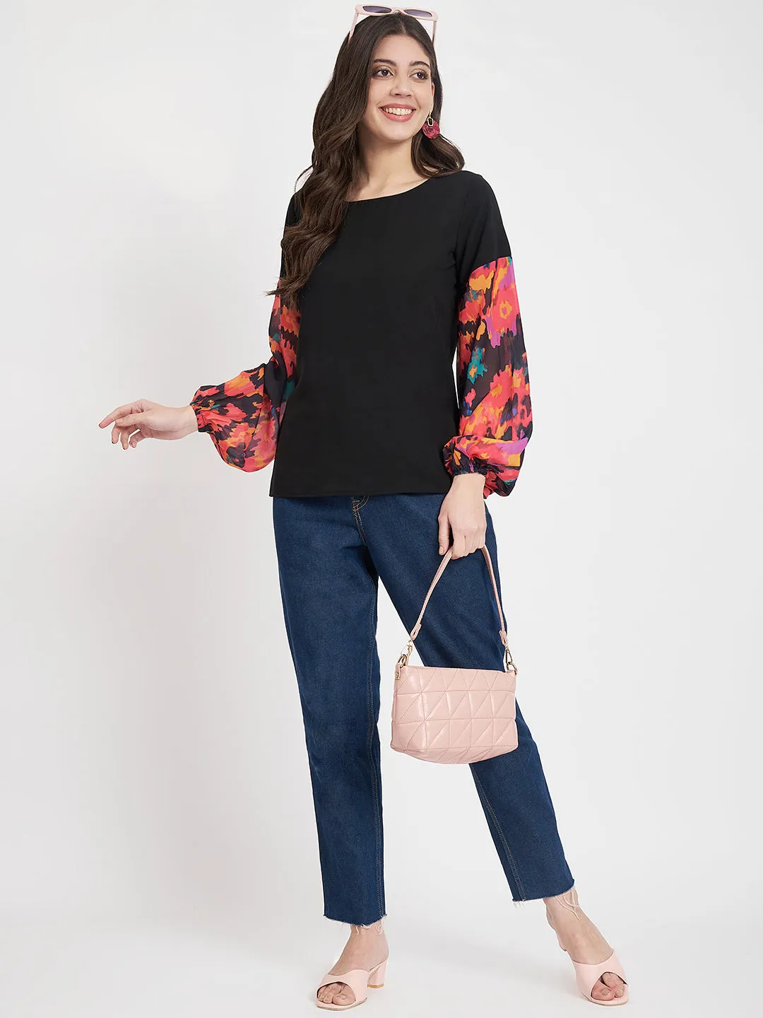 Women Abstract Print Flared Sleeve Crepe Top