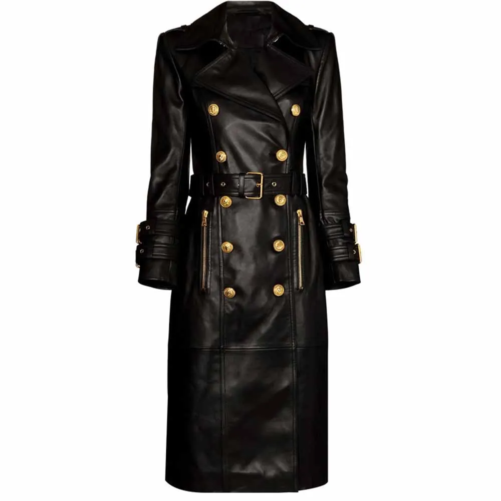 Women Beltted Double Breasted Faux Leather Trench Coat