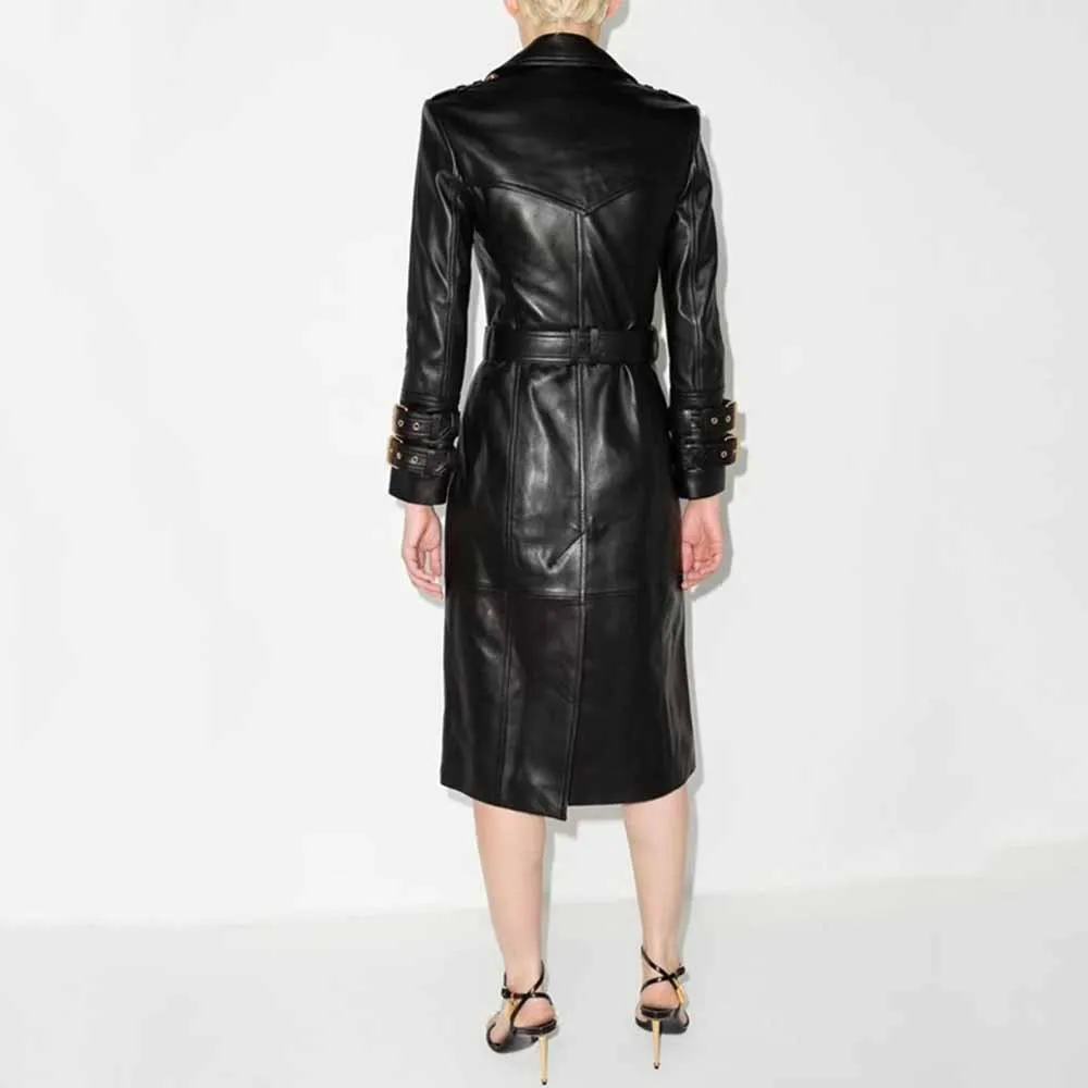 Women Beltted Double Breasted Faux Leather Trench Coat