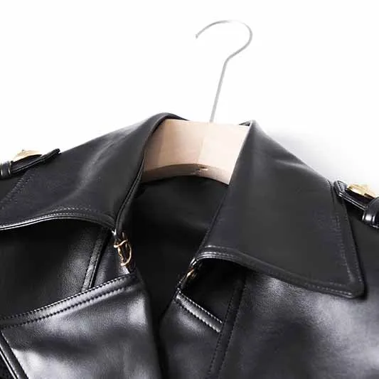 Women Beltted Double Breasted Faux Leather Trench Coat