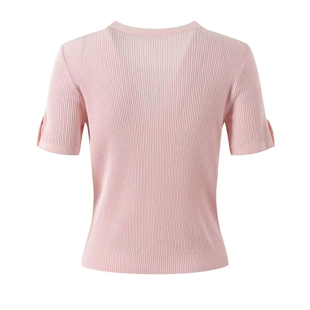 Women Knit Cardigan O-Neckline Cropped Top Short Sleeve Knitted Slim Coat