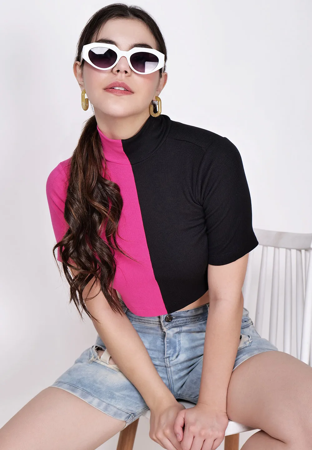 Women Pink & Black High Neck Fitted Crop Top