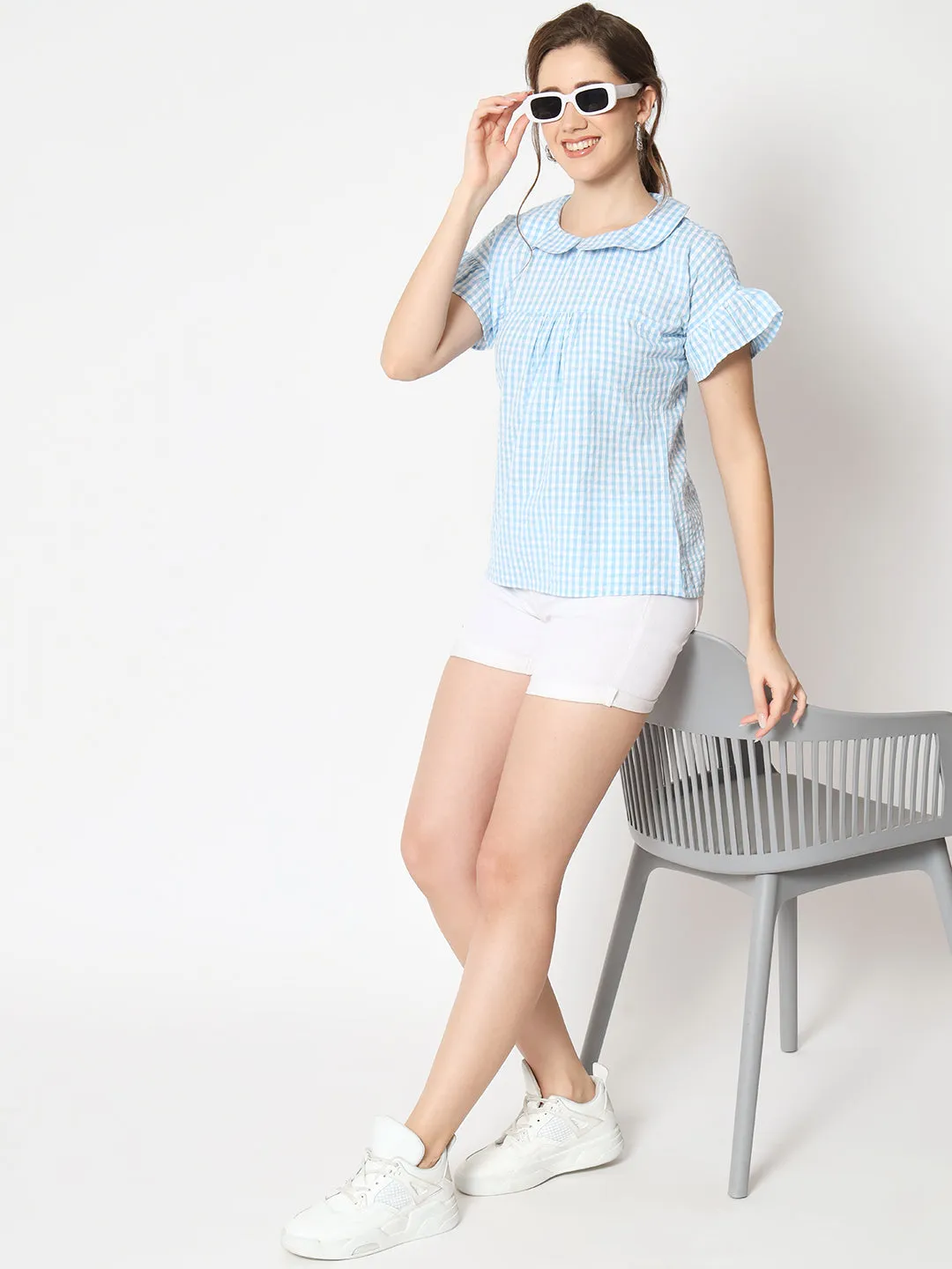 Women's Checked Peter Pan Collar Bell Sleeve Top