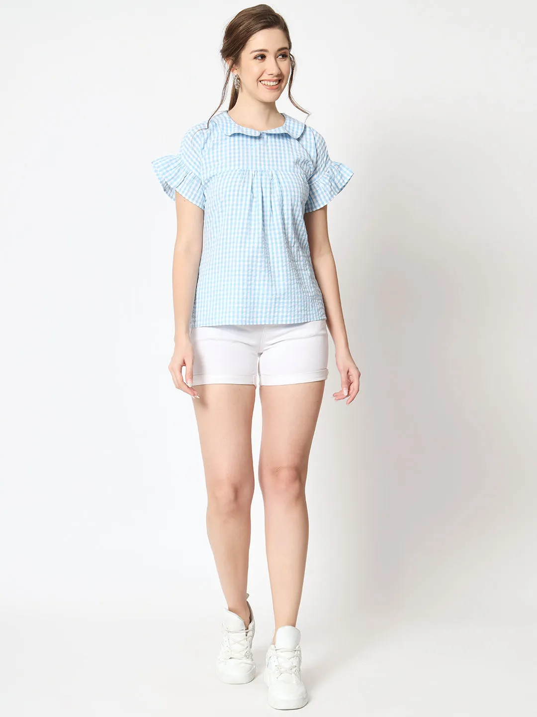 Women's Checked Peter Pan Collar Bell Sleeve Top