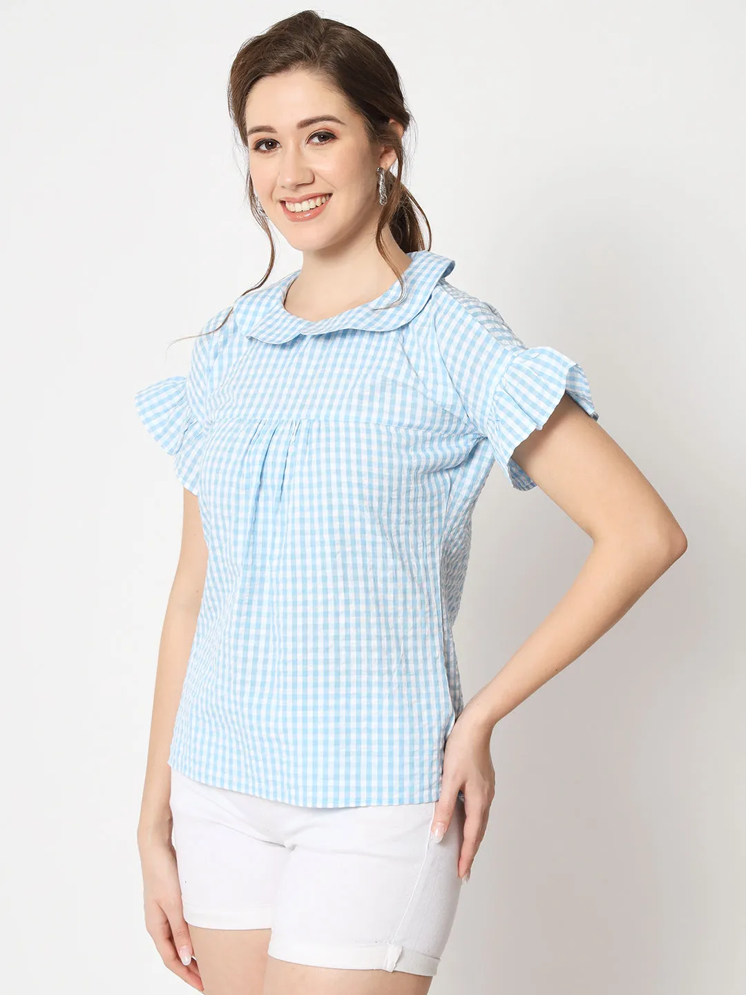 Women's Checked Peter Pan Collar Bell Sleeve Top