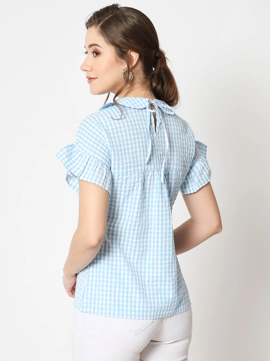 Women's Checked Peter Pan Collar Bell Sleeve Top