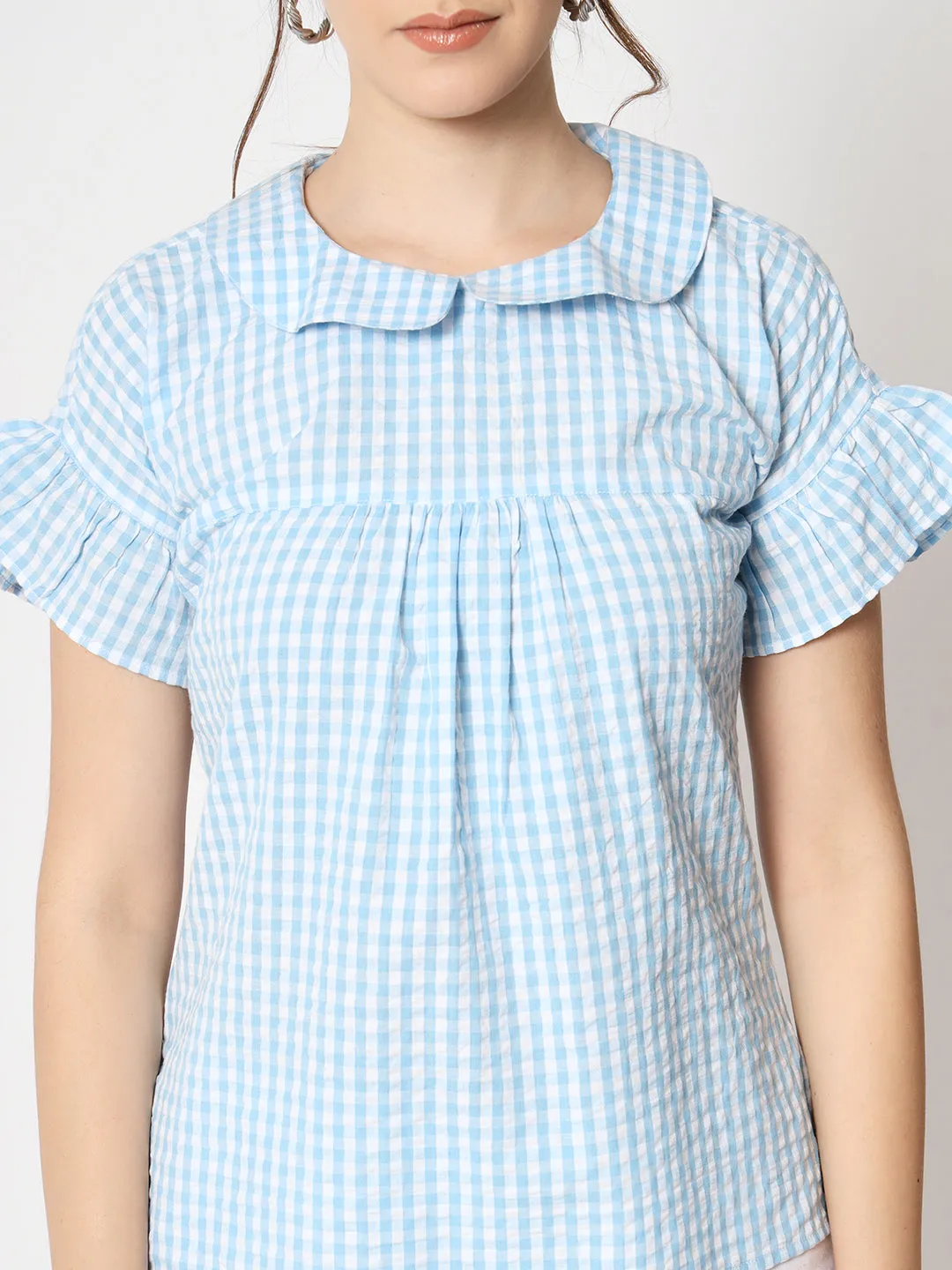 Women's Checked Peter Pan Collar Bell Sleeve Top