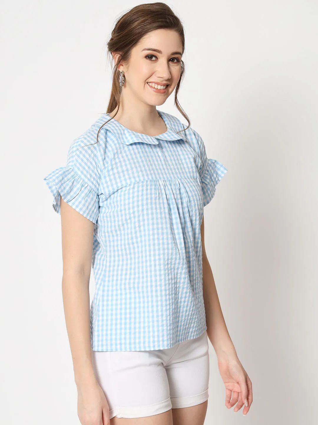 Women's Checked Peter Pan Collar Bell Sleeve Top