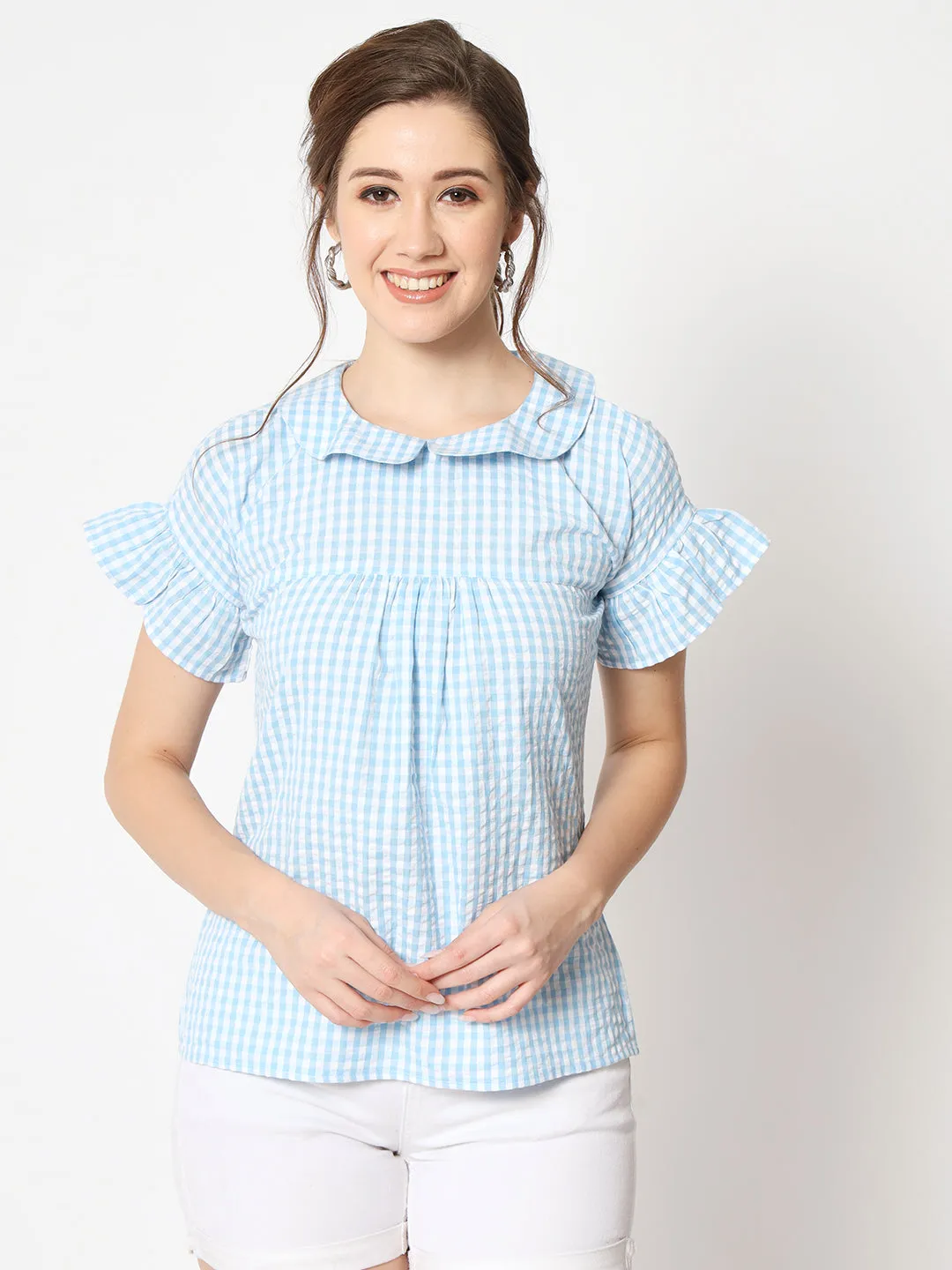 Women's Checked Peter Pan Collar Bell Sleeve Top