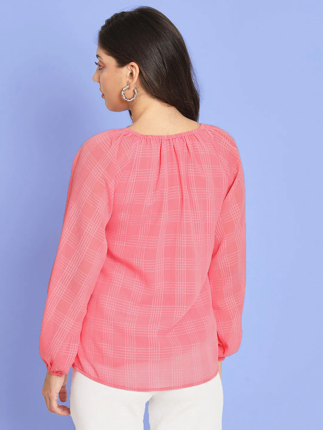 Women's Checked Puff Sleeves Pink Top