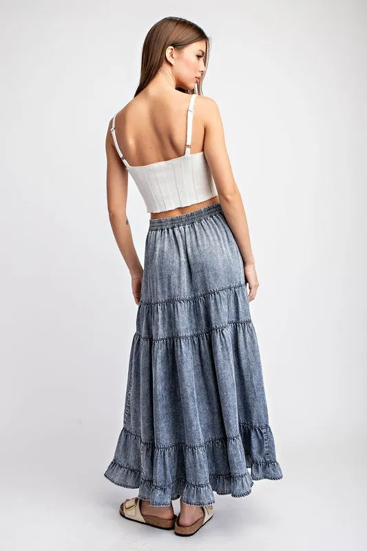 Women's Denim Maxi Skirt – Tiered Ruffled A-Line Long Skirt