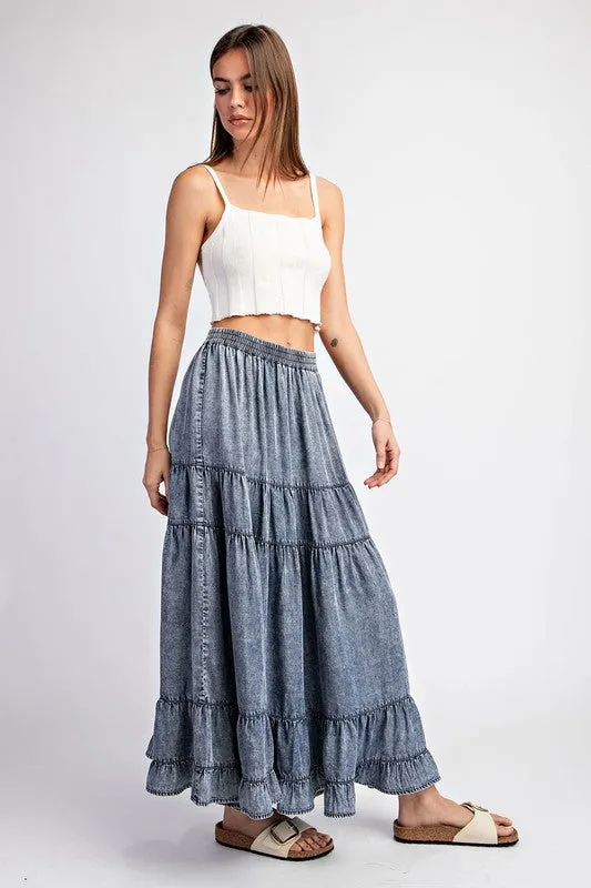 Women's Denim Maxi Skirt – Tiered Ruffled A-Line Long Skirt