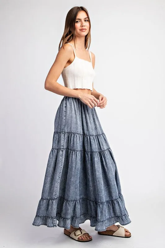 Women's Denim Maxi Skirt – Tiered Ruffled A-Line Long Skirt