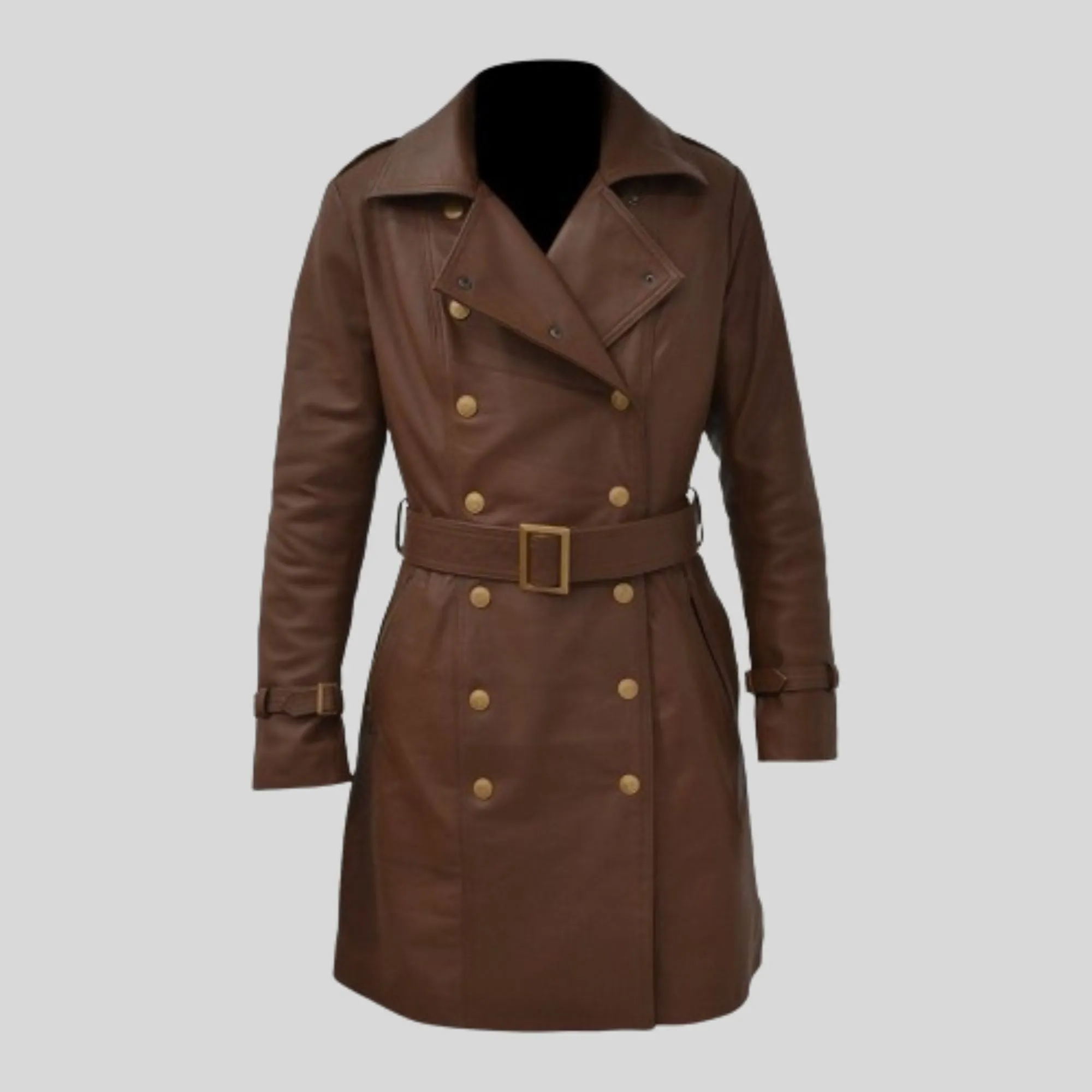 Women's Fashion Brown Trench Leather Coat