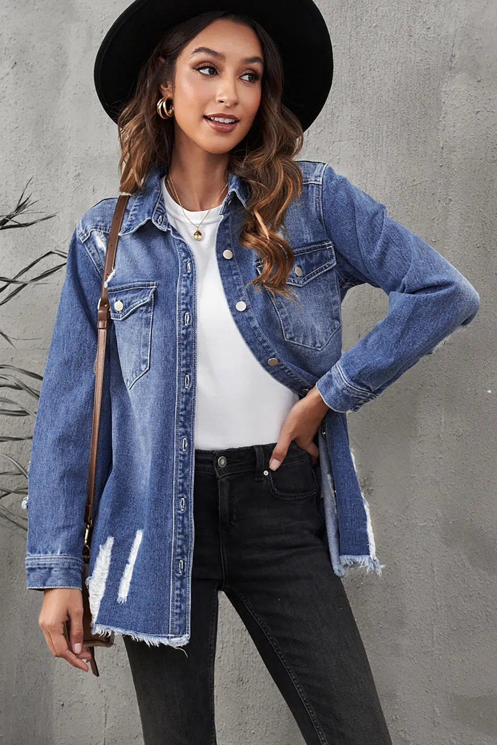 Women's Oversized Denim Jacket Boyfriend Distressed Jean Trucker Jacket