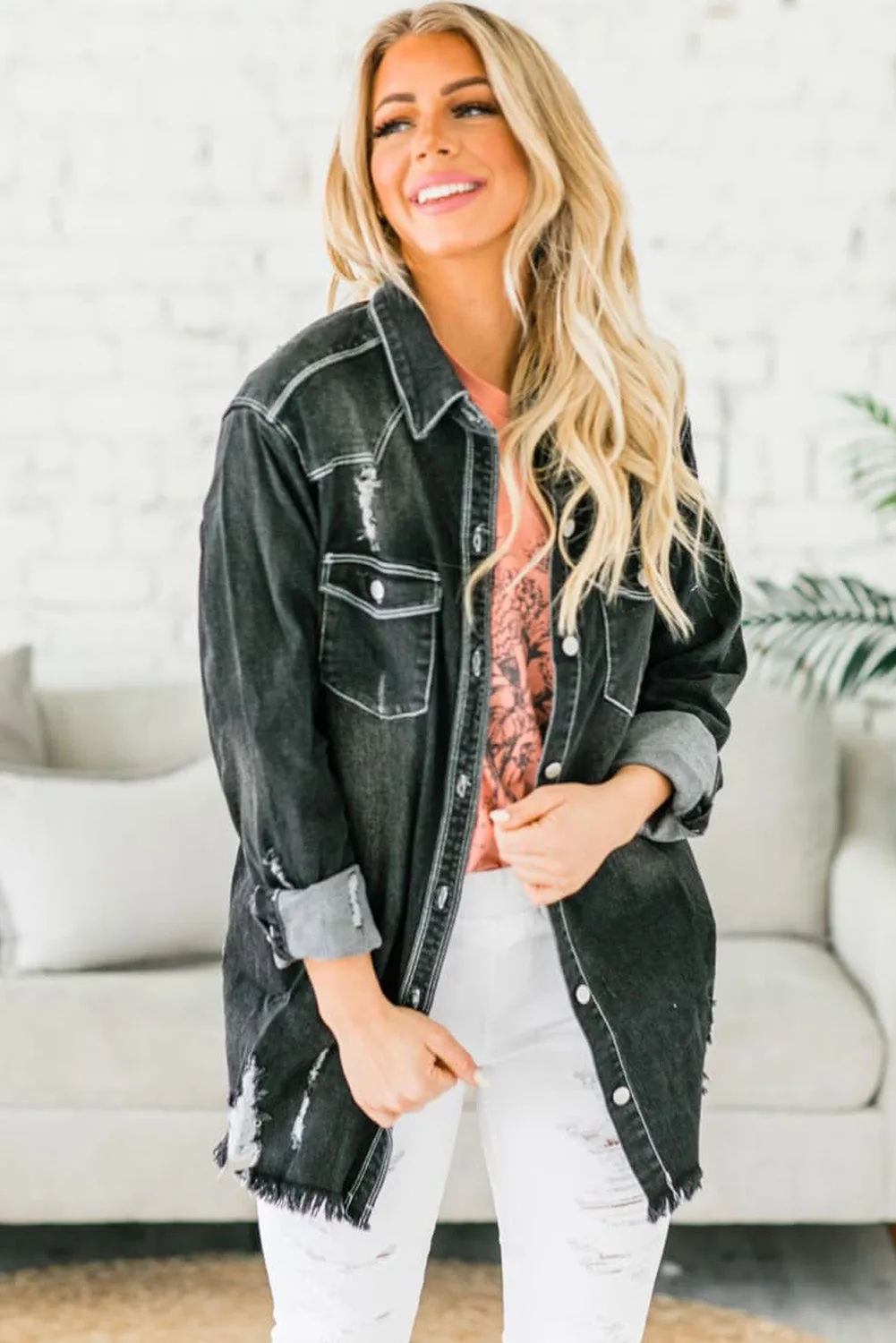 Women's Oversized Denim Jacket Boyfriend Distressed Jean Trucker Jacket