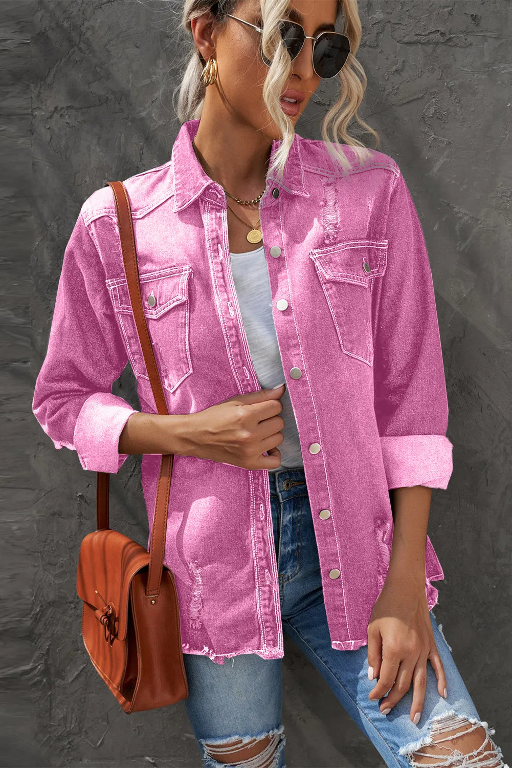 Women's Oversized Denim Jacket Boyfriend Distressed Jean Trucker Jacket