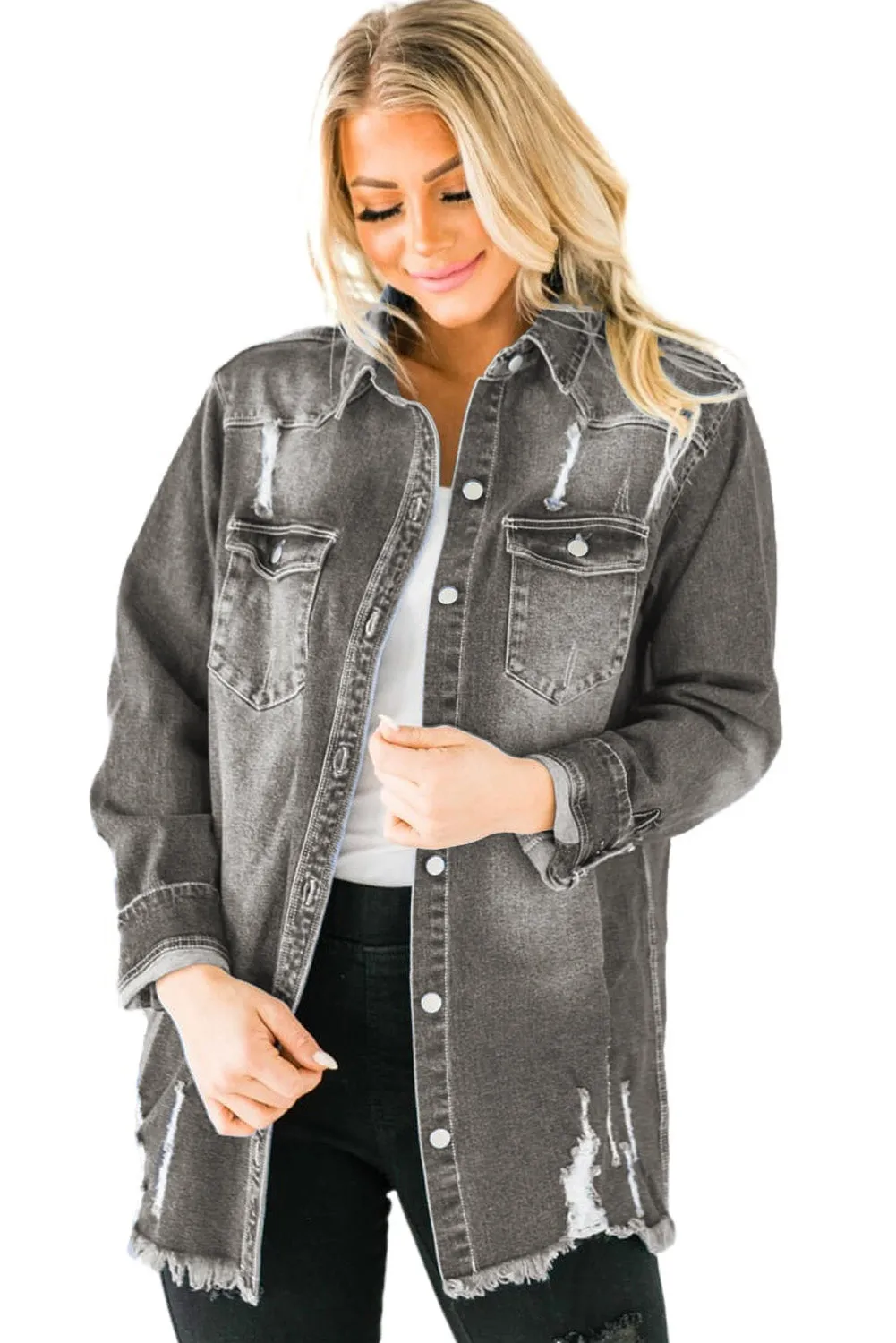 Women's Oversized Denim Jacket Boyfriend Distressed Jean Trucker Jacket