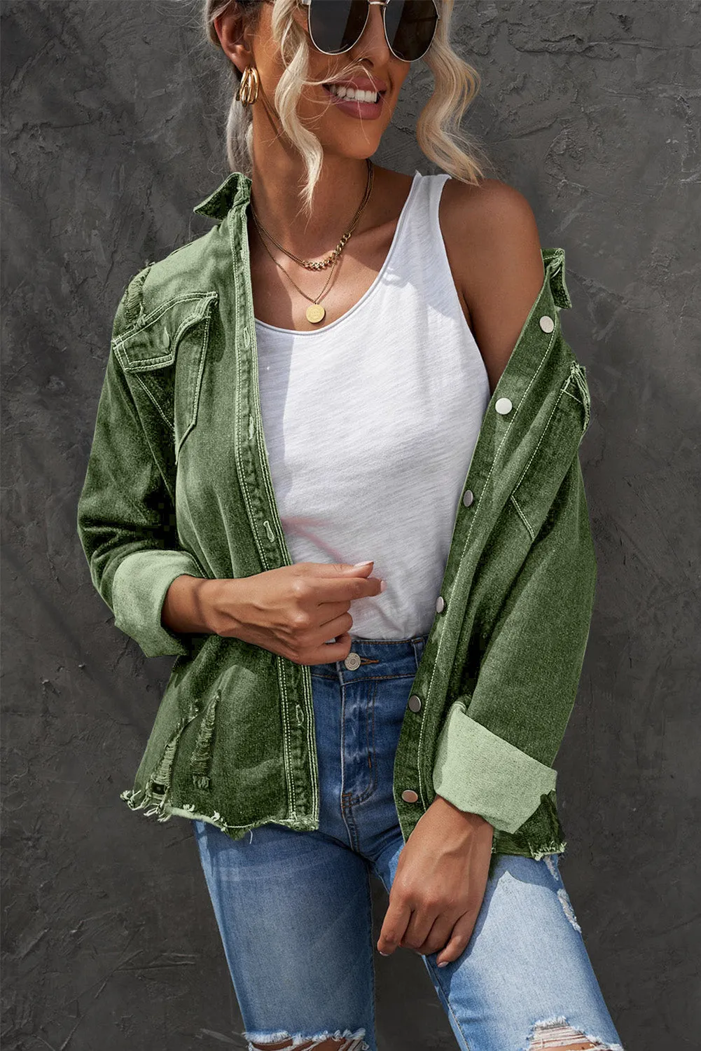 Women's Oversized Denim Jacket Boyfriend Distressed Jean Trucker Jacket