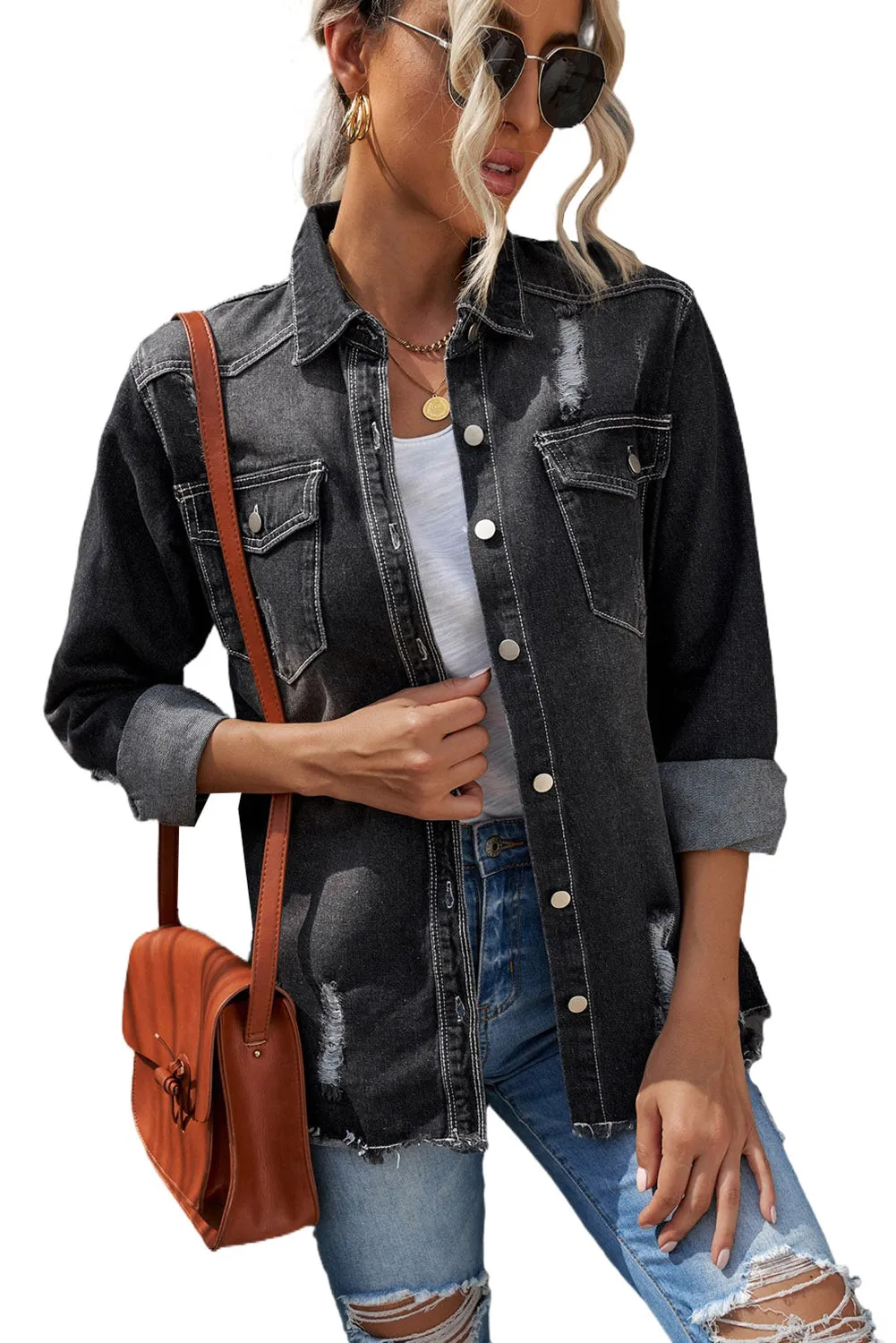 Women's Oversized Denim Jacket Boyfriend Distressed Jean Trucker Jacket