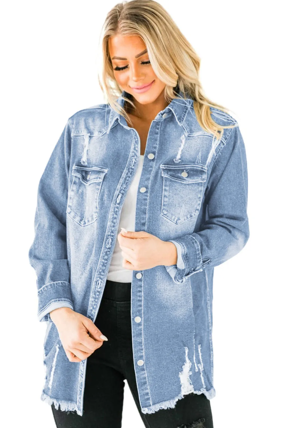 Women's Oversized Denim Jacket Boyfriend Distressed Jean Trucker Jacket