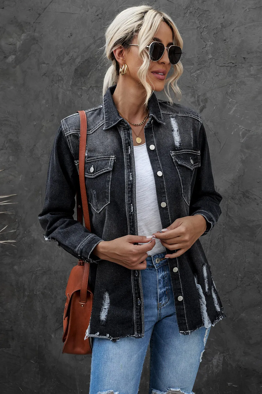 Women's Oversized Denim Jacket Boyfriend Distressed Jean Trucker Jacket