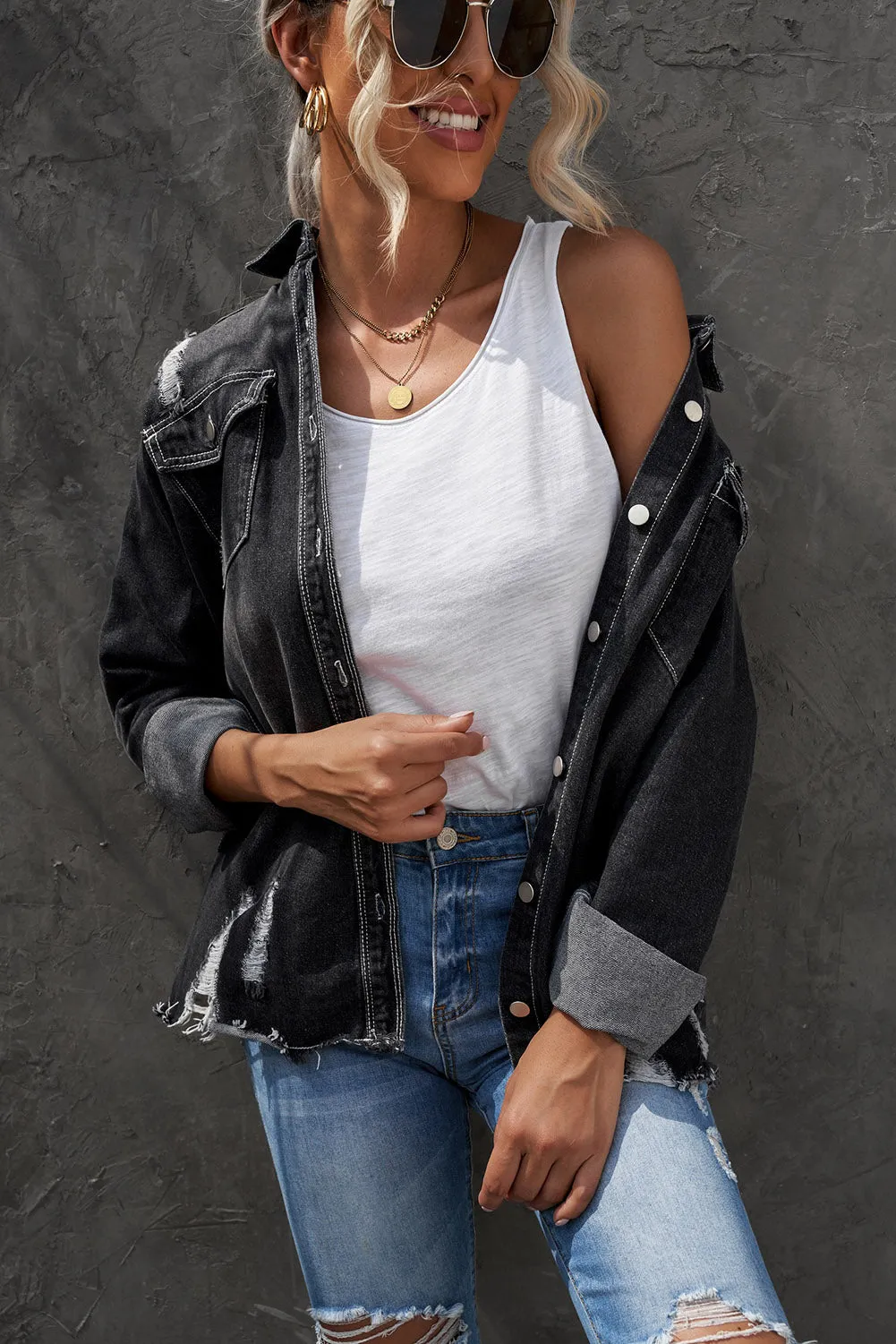 Women's Oversized Denim Jacket Boyfriend Distressed Jean Trucker Jacket