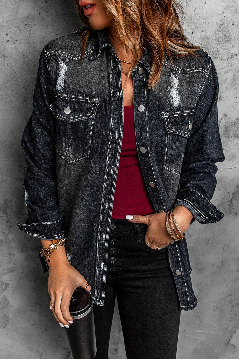 Women's Oversized Denim Jacket Boyfriend Distressed Jean Trucker Jacket