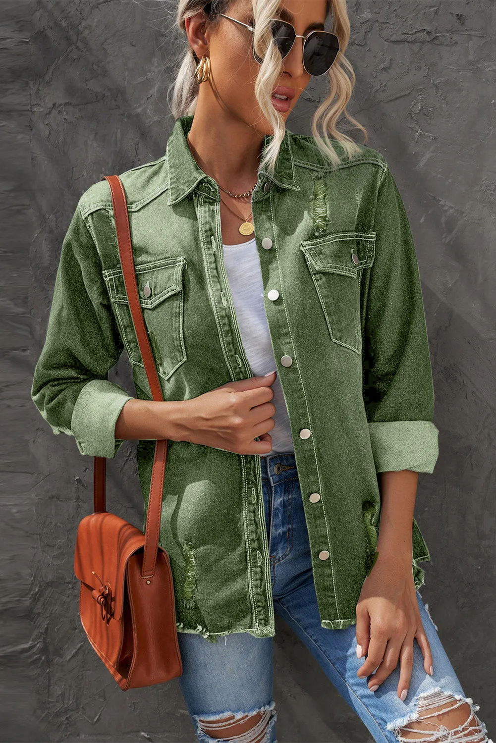 Women's Oversized Denim Jacket Boyfriend Distressed Jean Trucker Jacket