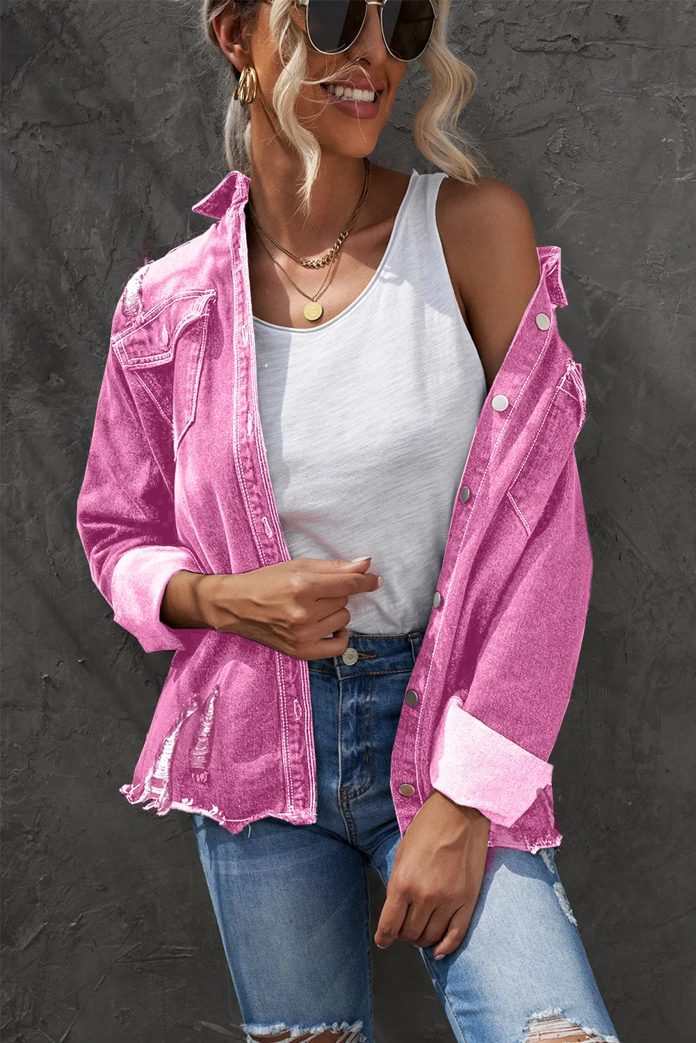 Women's Oversized Denim Jacket Boyfriend Distressed Jean Trucker Jacket