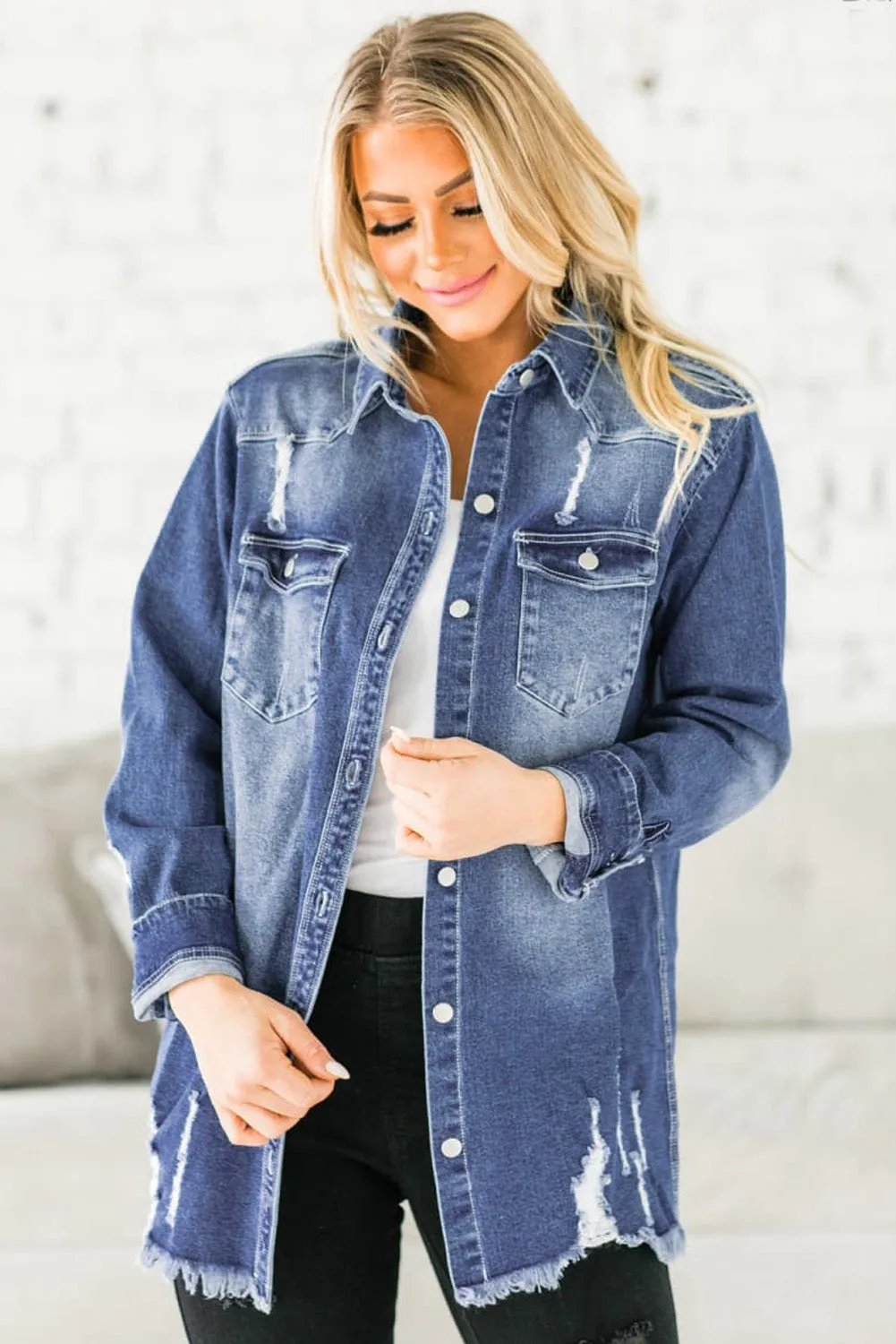 Women's Oversized Denim Jacket Boyfriend Distressed Jean Trucker Jacket