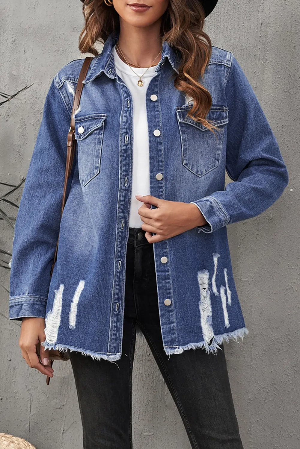 Women's Oversized Denim Jacket Boyfriend Distressed Jean Trucker Jacket