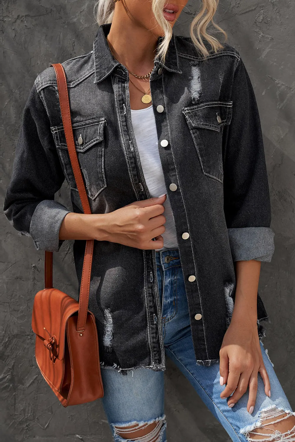 Women's Oversized Denim Jacket Boyfriend Distressed Jean Trucker Jacket