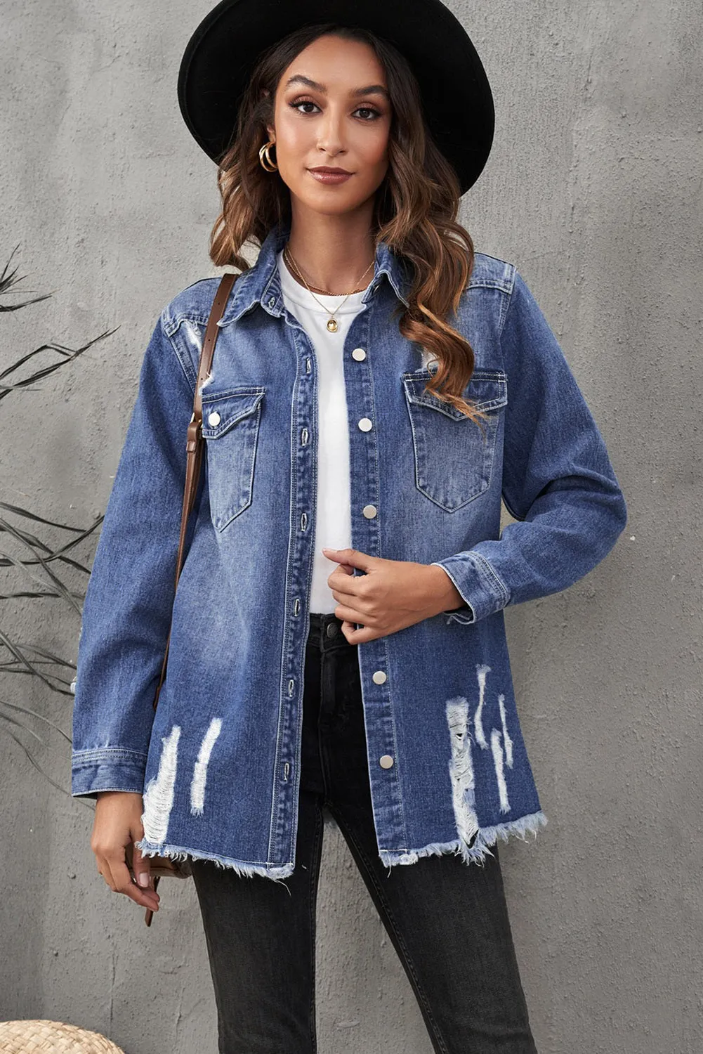 Women's Oversized Denim Jacket Boyfriend Distressed Jean Trucker Jacket