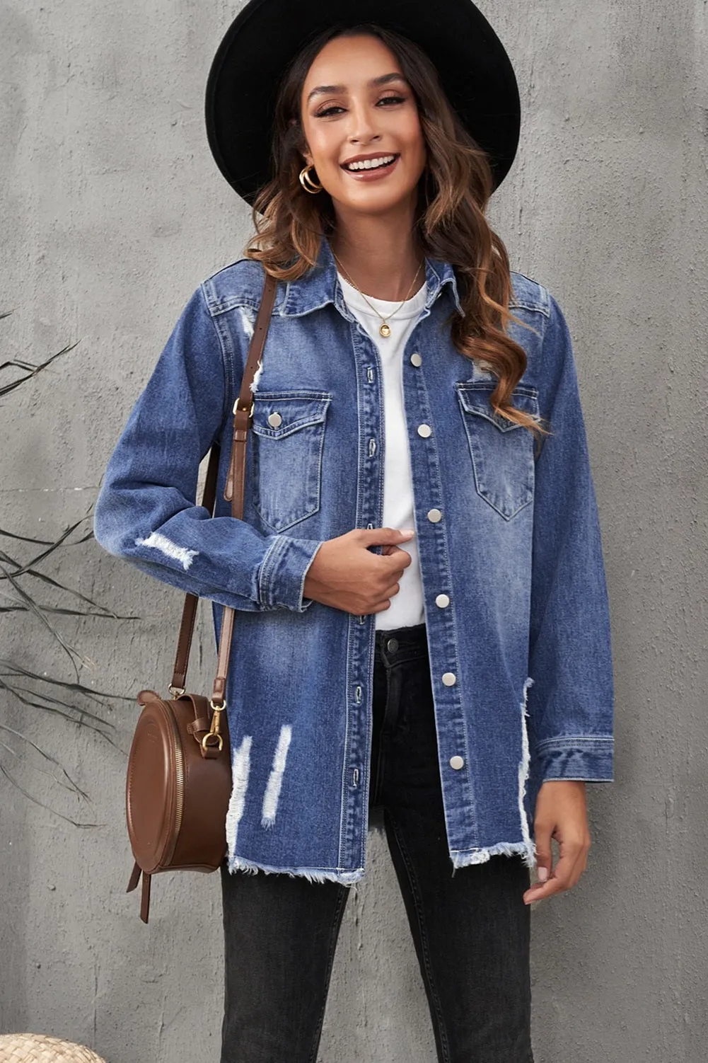 Women's Oversized Denim Jacket Boyfriend Distressed Jean Trucker Jacket