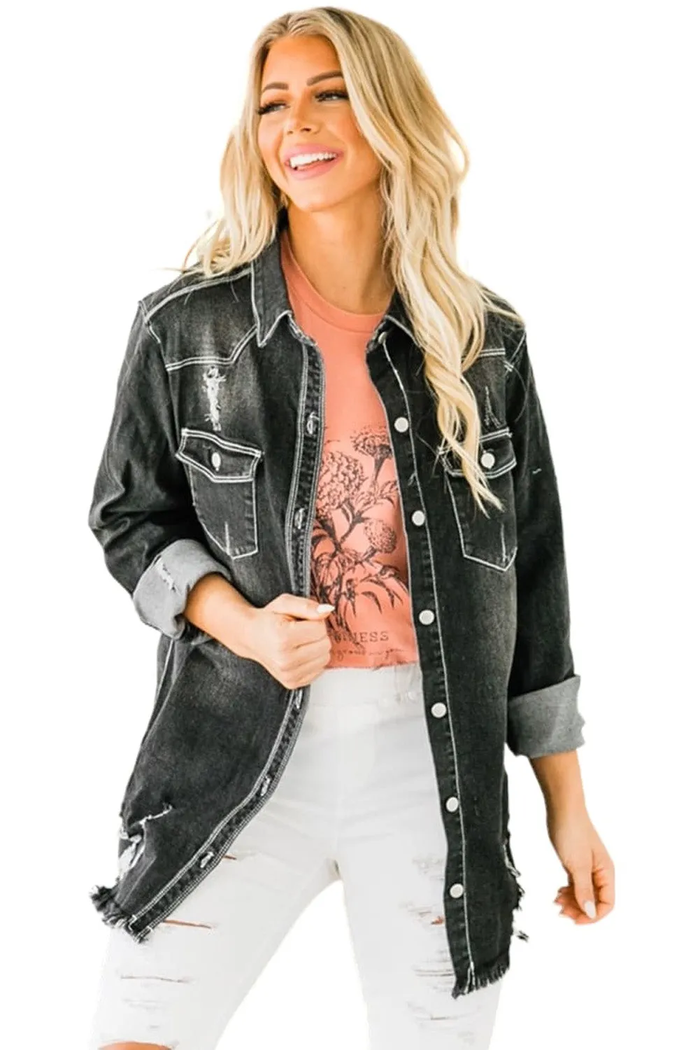 Women's Oversized Denim Jacket Boyfriend Distressed Jean Trucker Jacket