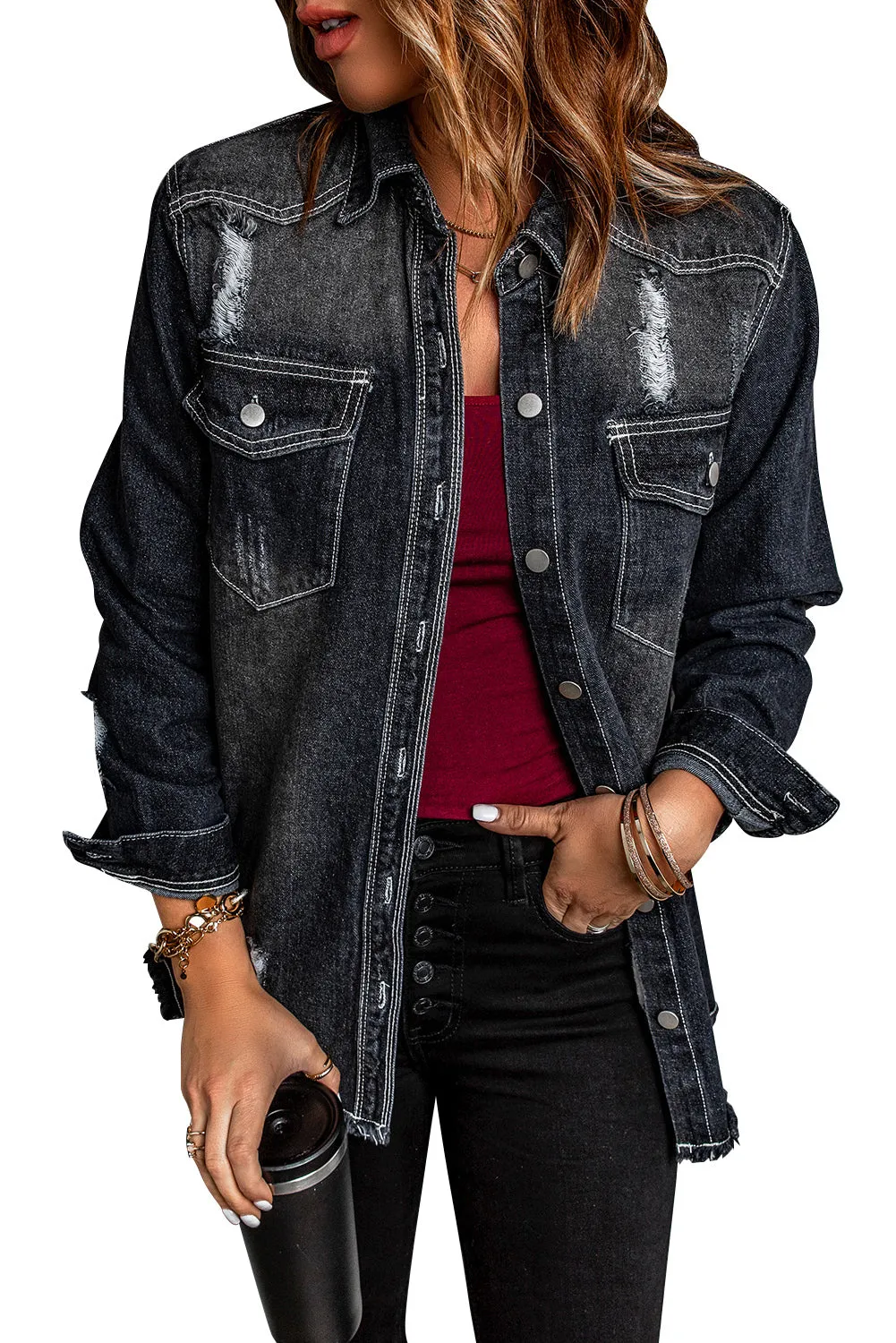 Women's Oversized Denim Jacket Boyfriend Distressed Jean Trucker Jacket