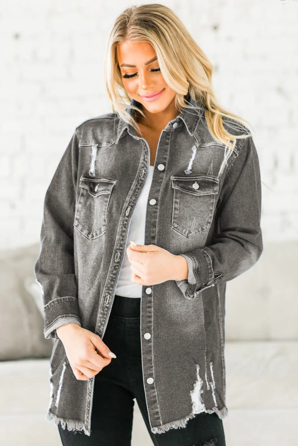 Women's Oversized Denim Jacket Boyfriend Distressed Jean Trucker Jacket