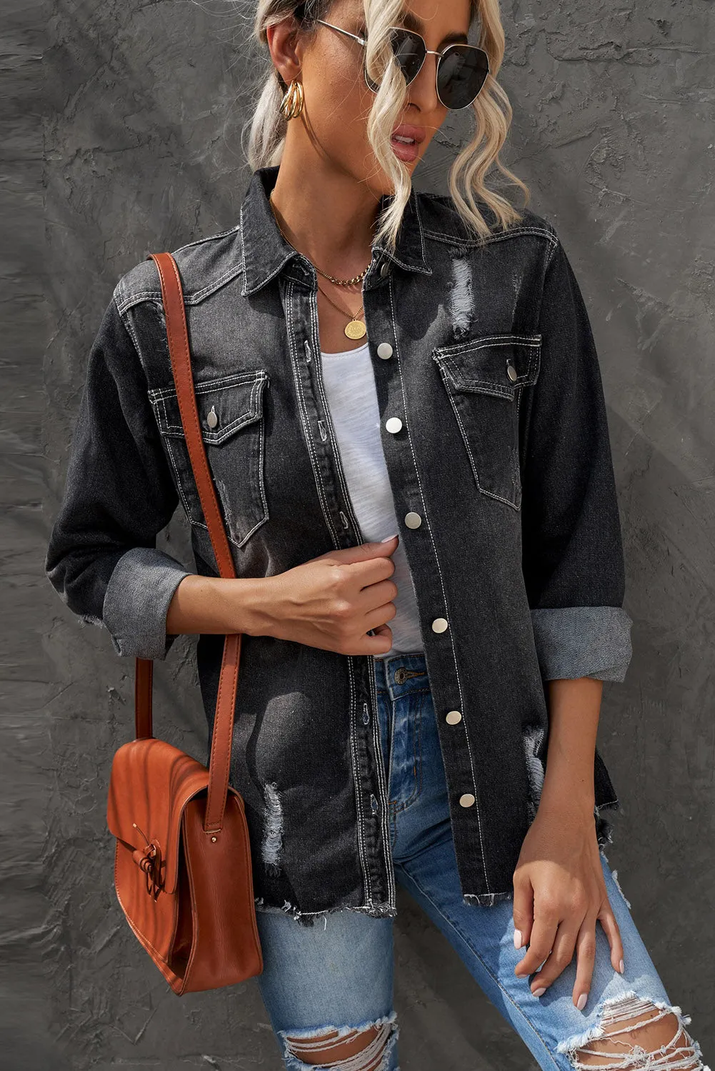 Women's Oversized Denim Jacket Boyfriend Distressed Jean Trucker Jacket