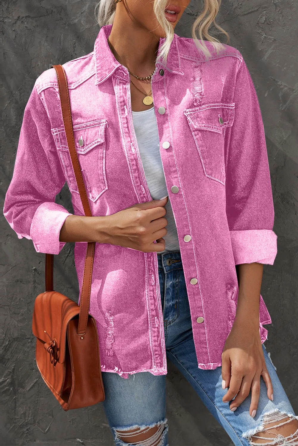 Women's Oversized Denim Jacket Boyfriend Distressed Jean Trucker Jacket