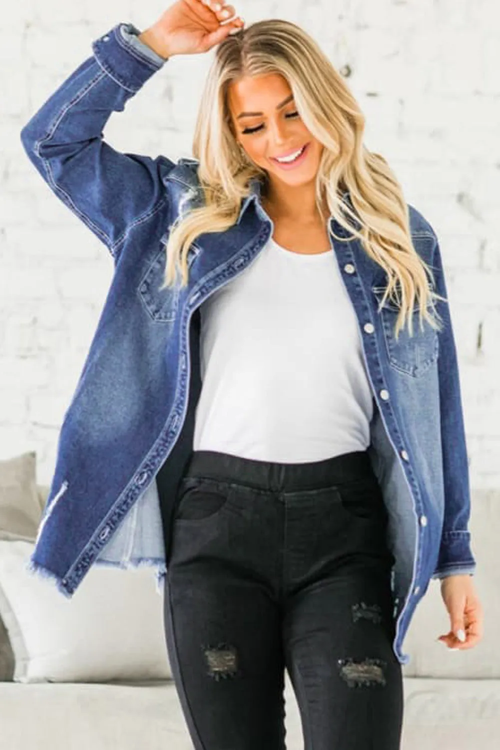 Women's Oversized Denim Jacket Boyfriend Distressed Jean Trucker Jacket