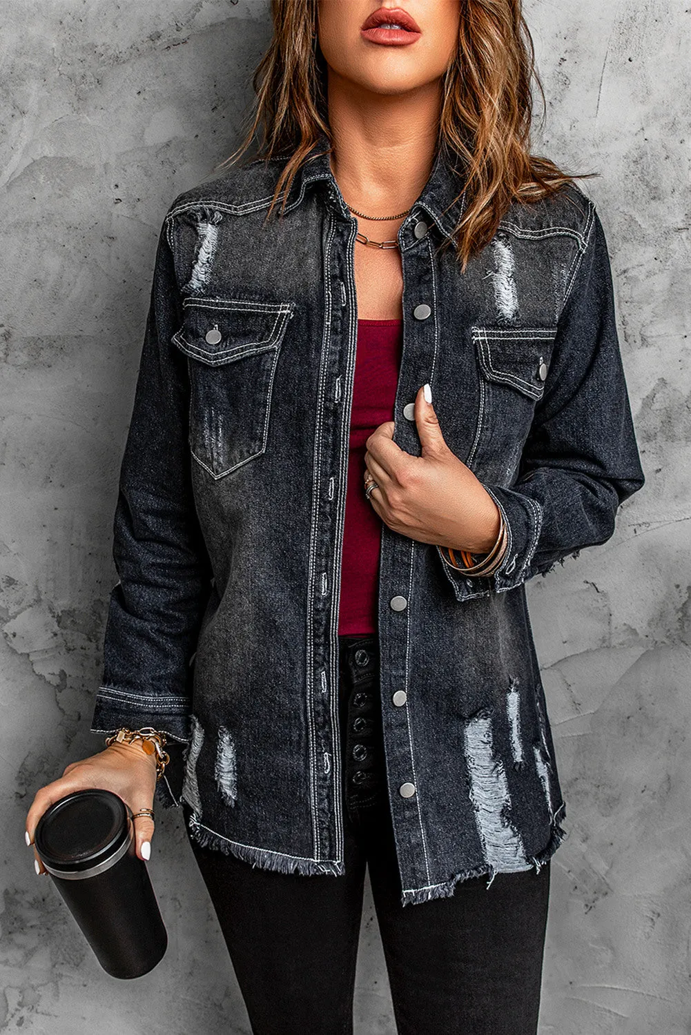 Women's Oversized Denim Jacket Boyfriend Distressed Jean Trucker Jacket